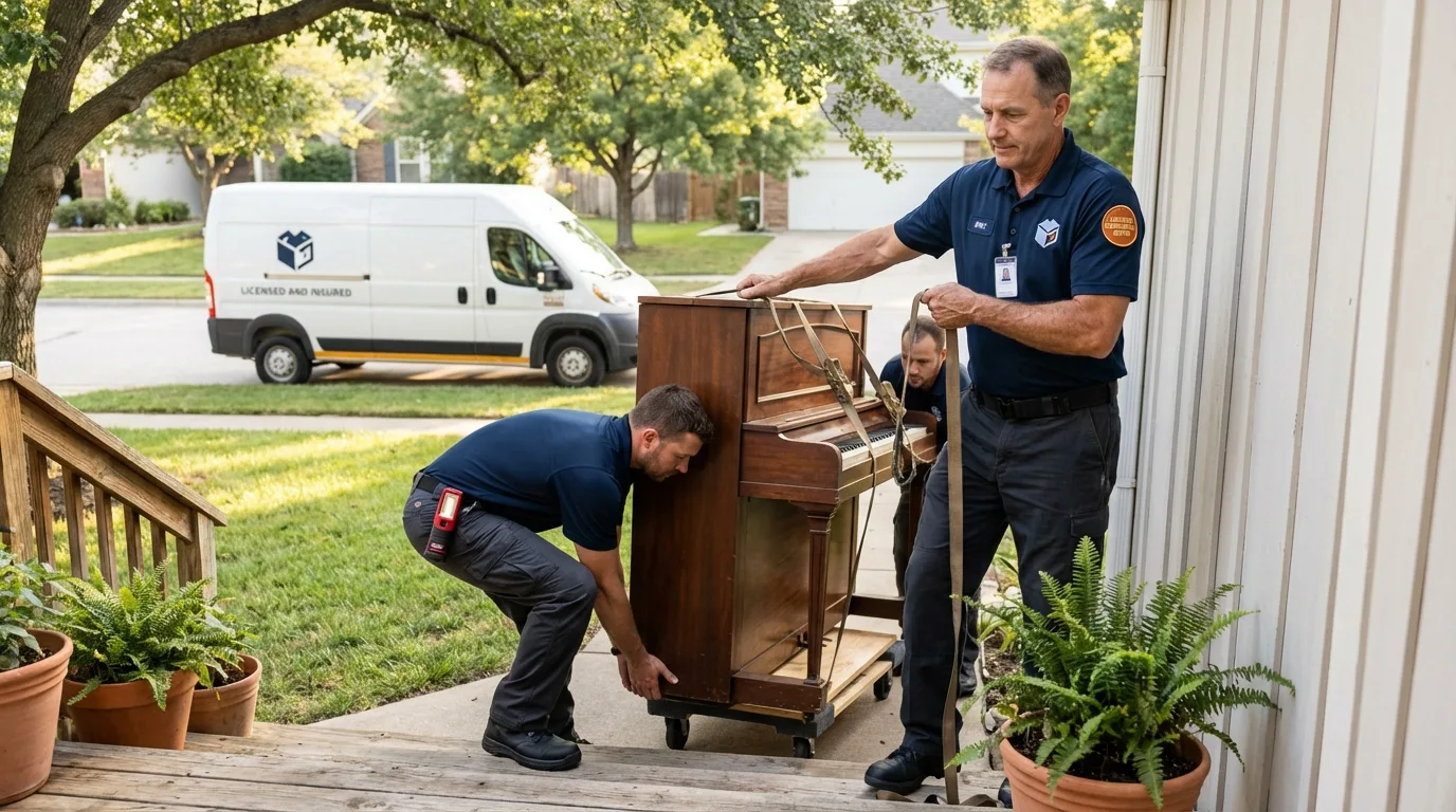 Licensed piano movers securing grand piano in Grafton, MA