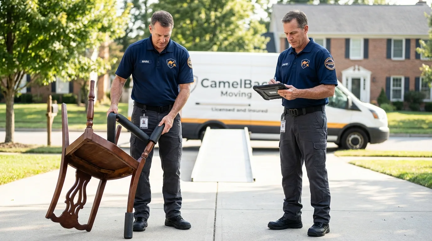 Movers inspecting furniture for damage prevention before loading in Grafton, MA